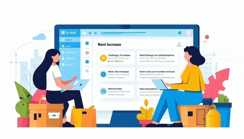 Illustration of renters using an online tool to challenge a rent increase.